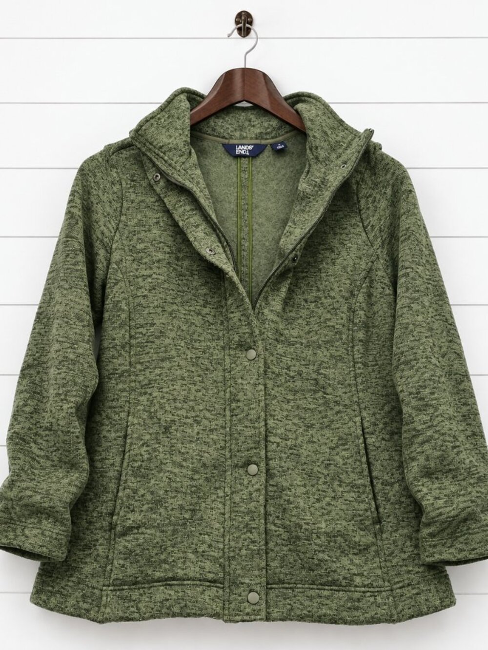 Lands' End Women's XL Green Sweater Fleece Jacket Full Zip Snap Front Outdoor